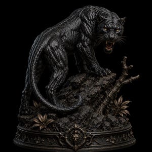 Puede incluir: Una escultura detallada de una pantera negra sobre una formación rocosa texturizada. La pantera tiene una complexión musculosa, una expresión de gruñido con dientes visibles y ojos de color ámbar. La base es circular y ornamentada.