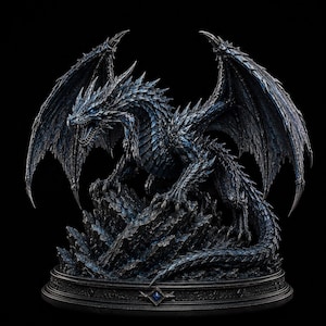 May include: A dark blue and black dragon figurine perched on a jagged rock formation. The dragon features intricate scale textures, large spread wings, and sharp claws. It is mounted on a circular base with a small blue gem detail at the front.