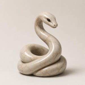 Pode incluir: Escultura de cobra de cerâmica esbranquiçada enrolada com veios castanhos. A cabeça da cobra está levantada, com olhos escuros e boca ligeiramente aberta. A escultura tem um acabamento liso e brilhante sobre um fundo neutro.