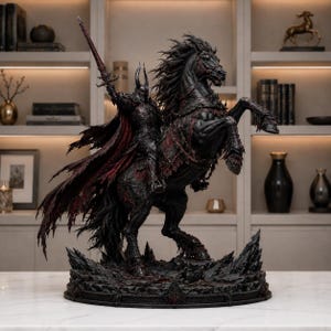 May include: A detailed dark fantasy statue of a knight in spiked armor riding a rearing black horse. The knight holds a sword aloft, wearing a tattered red and black cape. The figure stands on a jagged, rocky base with intricate textures.