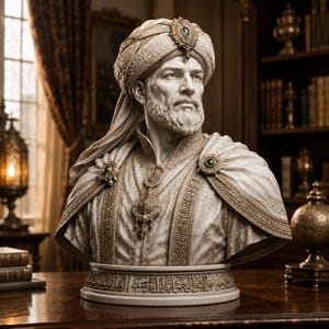 Busto del sultán real otomano / Caligrafía árabe en mármol marfil y detalles en esmeralda / Decoración histórica / Descarga digital 3D STL