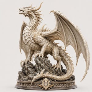 May include: A cream-colored dragon figurine perched on a jagged rock formation. The dragon features intricate scale textures, large spread wings, sharp claws, and a long tail. It stands on a circular base with decorative carvings along the edge.
