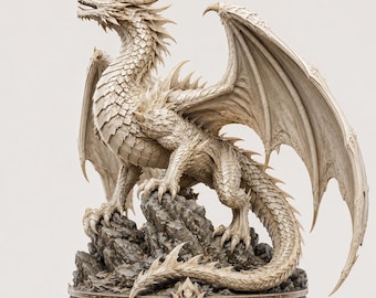 Pode incluir: Uma estatueta de dragão cor de creme pousada sobre uma formação rochosa irregular. O dragão apresenta texturas de escamas intrincadas, grandes asas abertas, garras afiadas e uma cauda longa. Apoia-se numa base circular com entalhes.