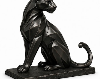 May include: A dark bronze-colored sculpture of a seated panther with a faceted, geometric surface texture. The panther is positioned in a vigilant pose, looking to the right, and is mounted on a rectangular base with a rough, stone-like finish.