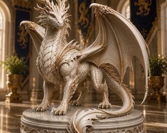 Pode incluir: Uma estátua de dragão cor de creme com detalhes dourados, apresentando texturas de escamas intrincadas, asas grandes e uma cauda longa. O dragão está sobre uma base circular de mármore com detalhes em filigrana dourada e cabeça detalhada.