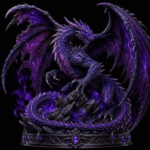 May include: A detailed dragon figurine featuring deep purple and black scales with a cosmic, nebula-like pattern on its expansive wings. The creature is perched atop a jagged, dark rock formation surrounded by swirling purple flames on a base.