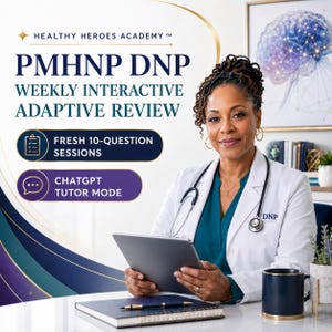 Może przedstawiać: Grafika promocyjna Healthy Heroes Academy z tekstem PMHNP DNP WEEKLY INTERACTIVE ADAPTIVE REVIEW, FRESH 10-QUESTION SESSIONS oraz CHATGPT TUTOR MODE. Profesjonalista w białym fartuchu laboratoryjnym ze stetoskopem trzyma tablet.