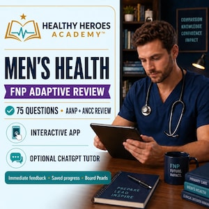 Könnte beinhalten: Eine Werbegrafik für Healthy Heroes Academy Men's Health FNP Adaptive Review mit 75 Fragen, AANP- und ANCC-Prüfungsvorbereitung, einer interaktiven App und einem optionalen ChatGPT-Tutor. Der Text enthält sofortiges Feedback und gespeicherten Fortschritt.