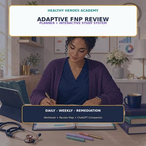 Puede incluir: Un planificador de estudios titulado Healthy Heroes Academy Adaptive FNP Review Planner + Interactive Study System. El planificador incluye secciones diarias, semanales y de remediación, un libro de trabajo, un mapa de revisión y un compañero ChatGPT.