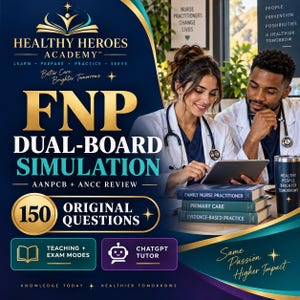 Puede incluir: Un gráfico promocional para Healthy Heroes Academy FNP Dual-Board Simulation con texto, una pila de tres libros titulados Family Nurse Practitioner, Primary Care y Evidence-Based Practice, y dos profesionales de la salud.