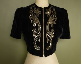 Sequin Black Velvet 1930s 1940s Jacket Blouse Talon Zip