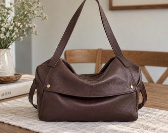 Soft Leather Hobo Bag, Adjustable Detachable Strap, Magnetic Snap