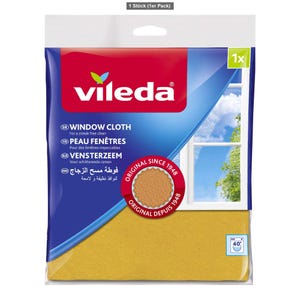 May include: A Vileda window cloth in a yellow colour, packaged in a clear plastic bag with a red and blue header. The packaging features the Vileda logo, text reading WINDOW CLOTH, and a circular badge stating ORIGINAL SINCE 1948. A washing icon indicates a 40 degree Celsius limit.