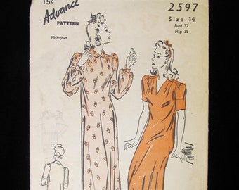 VERY RARE 1940s Vintage Advance Brand Nightgown Pattern (No. 2597 - Size 14)