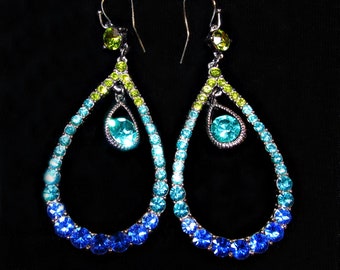 Vintage Rhinestone Hoop Earrings - Oval, Peacock Colors