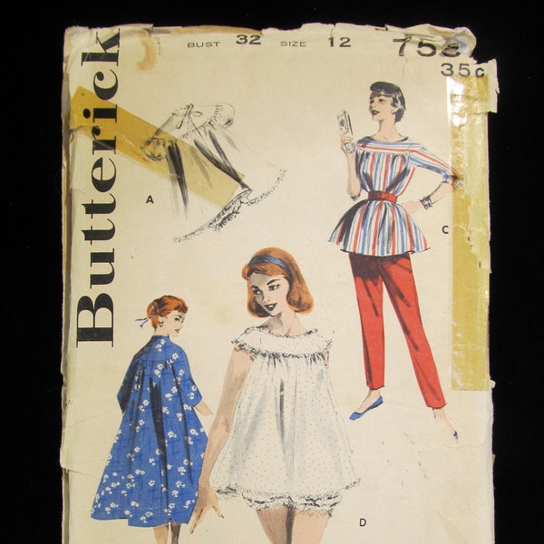RARE 1950s Butterick Vintage Multiples Pattern - Sleep and Loungewear (No. 7559 Size 12)