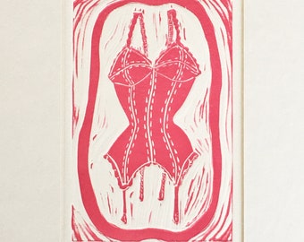 Hot Pink Hand Pulled Linoleum Block Print 2001 - Corset