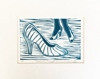 Blue Hand Pulled Linoleum Print 2002 - Spectator Pump