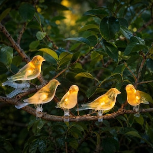 May include: A string of five translucent bird-shaped lights, each glowing with a warm yellow hue. The birds are attached to clear plastic clips, allowing them to be secured onto branches. The figures feature smooth, rounded forms and internal illumination.