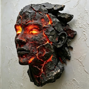 Puede incluir: Una escultura de pared de una cabeza humana con una textura oscura y agrietada similar a la piedra. Una luz naranja brillante emana de las fisuras en el rostro y los ojos, creando un alto contraste sobre la superficie oscura y rugosa.