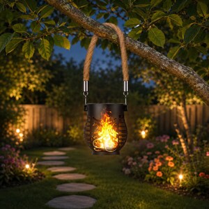 Solcellslåglykta, flimrande LED-trädgårdslampa för utomhusbruk, handtag av juterep