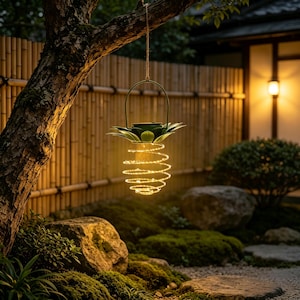 May include: A hanging solar lantern shaped like a pineapple with a green metal top and a spiral wire body illuminated by warm white LED string lights. The lantern is suspended by a jute rope from a tree branch, featuring a solar panel on top.