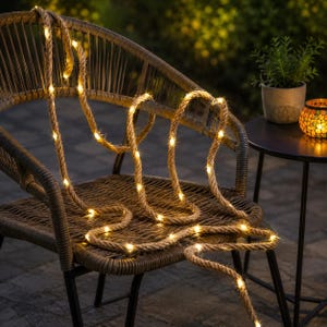 Puede incluir: Una larga y gruesa guirlande de luces de cuerda de yute de color natural con múltiples bombillas LED pequeñas de tono cálido integradas a lo largo. La cuerda está enrollada y colocada sobre una silla tejida, creando un efecto decorativo.