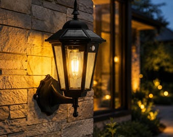 Farol solar de pared estilo vintage, aplique de exterior de metal y cristal.