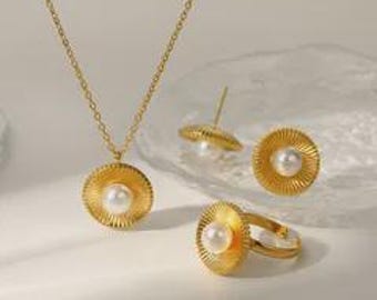 Parelsieraden BRIDAL-set, 18K vergulde PVD-ketting oorbellen ring, waterbestendig, aanslagbestendig cadeau voor haar, boho