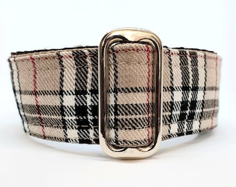 Beige check satin lined martingale dog collar