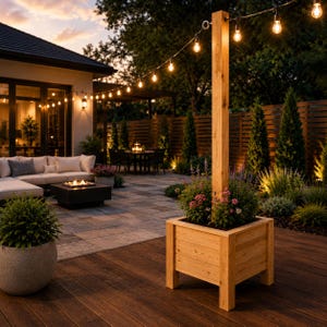 May include: A square wooden planter box with a tall vertical post extending upward, featuring a natural light brown wood grain finish and four sturdy legs, containing a cluster of green foliage and small pink flowers on a wooden deck.