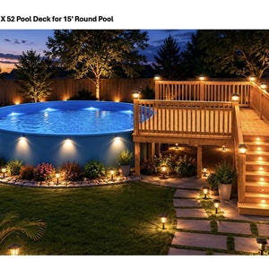 Könnte beinhalten: Ein 12 x 10 x 52 Pooldeck für einen 15-Fuß-Rundpool, gefertigt aus hellem Holz mit vertikalen Geländern und einer Treppe. Die Struktur wird durch integrierte Lichter entlang der Stufen und des Umfangs beleuchtet und steht neben einem blauen Pool.