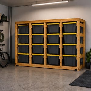 May include: A large wooden storage shelving unit with four vertical sections, each holding four dark gray plastic storage bins with bright yellow lids. The unit is positioned against a wall in a garage setting, providing organized storage space.