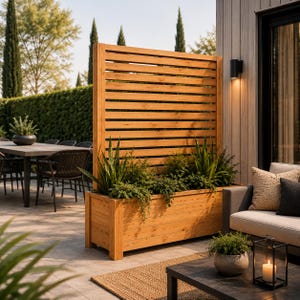 May include: A tall rectangular wooden planter box featuring a built-in horizontal slat privacy screen. The natural light brown wood grain is visible throughout the structure, which contains several green potted plants nestled inside the base.