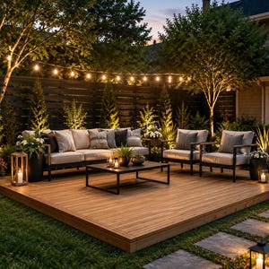 May include: A wooden patio deck featuring a dark metal frame sofa with light gray cushions, two matching armchairs, and a low rectangular coffee table. The space is illuminated by string lights and lanterns, set against a dark horizontal fence.