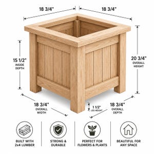 May include: A square light brown wooden planter box with vertical paneling and four sturdy legs. Dimensions include an 18 3/4 inch width and depth, 20 3/4 inch overall height, 15 1/2 inch inside depth, and 1 1/2 inch leg height as labeled.