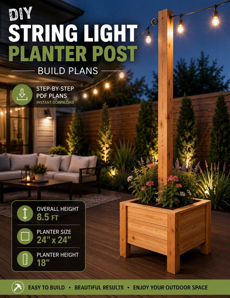 DIY String Light Planter Post Plans PDF | Outdoor Planter Box | Patio ...