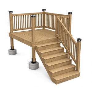 May include: A raised wooden deck platform featuring vertical balusters, a staircase with six steps, and four corner posts topped with black square solar lights. The structure is supported by wooden posts anchored into cylindrical concrete blocks.