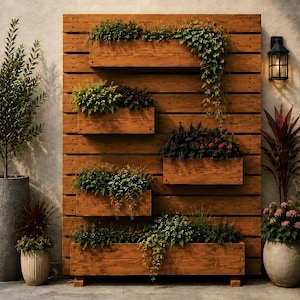 Op de afbeelding: Een verticale houten tuinmuur met vijf rechthoekige plantenbakken in een verspringend patroon. De structuur is gemaakt van horizontale bruine houten latten en bevat diverse groene planten, waaronder hangende klimplanten en bladeren.
