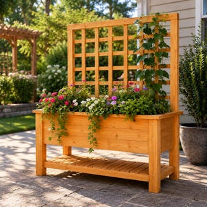 May include: A rectangular wooden planter box with a tall integrated lattice trellis back panel. The planter features a lower slatted shelf and is filled with a variety of green foliage, trailing vines, and small pink and white flowers.