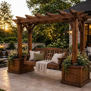 Puede incluir: Un columpio de madera marrón oscuro con pérgola, que cuenta con un banco suspendido por cadenas entre dos grandes maceteros cuadrados. El banco incluye dos cojines estampados, un cojín verde oliva y una manta color crema con flecos.