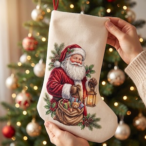 Op de afbeelding: Een crèmekleurige stoffen kerstsok met een gedetailleerde kruissteekillustratie van de Kerstman in een rode jas en muts, die een bruine zak vol ingepakte cadeautjes en een teddybeer vasthoudt, samen met een brandende lantaarn.