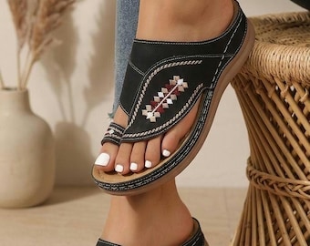 Pantoufles orthopédiques à bout ouvert pour femmes, pantoufles d'été Premium, sandales Vintage en cuir décontractées à plateforme, chaussure