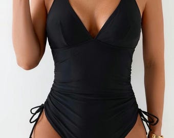 Black One-Piece Swimsuit | Shaping Ruched Swimsuit | Plunging Neckline Monokini | Adjustable Backless Swimsuit | Beachwear