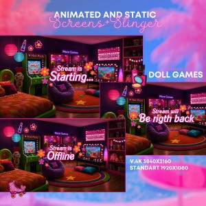 Pack de Pantallas Animadas para Twitch | Starting Soon, BRB y Offline + Transición Stinger | Estilo Pink Y2K Doll Games