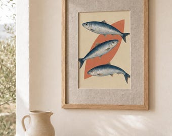 Sardine Wall Art, Framed Coastal Fish Print with Natural Linen Mat, Nautical Dining Room Wall Decor in Oak