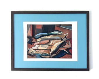 Vintage Blue Still Life Wall Art, Nature Morte aux Poissons 1946 Print, Brown Wood Frame with Unique Mat Opening, Fine Art Decor