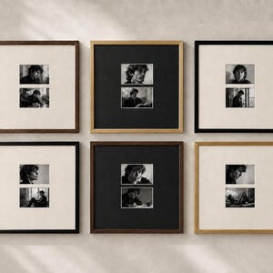 Modernt galleriväggset, guld- och svarta fotoramar med passepartouter, monokrom porträttdisplay, modern heminredning
