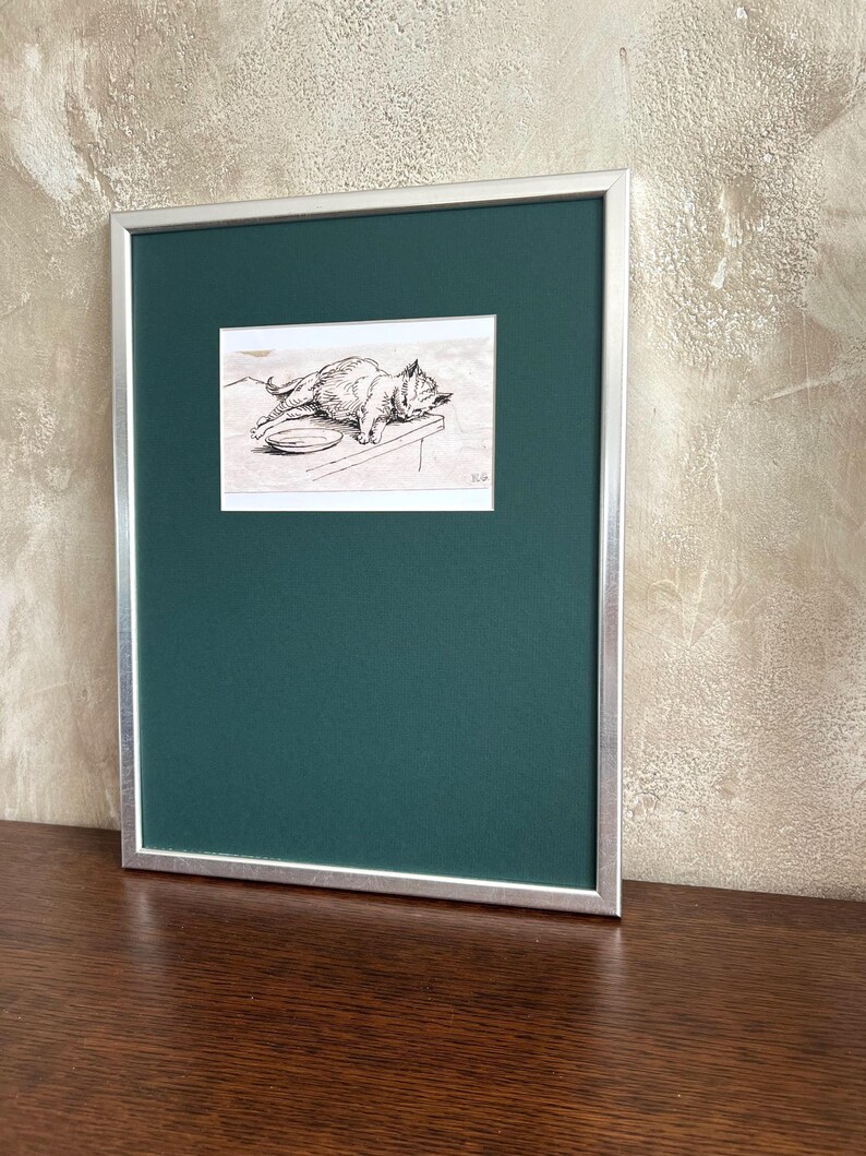 Vintage Cat Art Print, Giclée Animal Drawing in Silver Wood Frame With ...