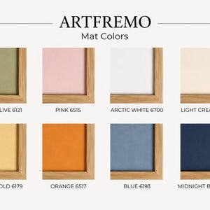 May include: A colour chart titled ARTFREMO Mat Colours displaying eight square samples of mat board in light olive 6121, pink 6515, arctic white 6700, light cream 6876, light gold 6179, orange 6517, blue 6193, and midnight blue 6164, each framed in wood.